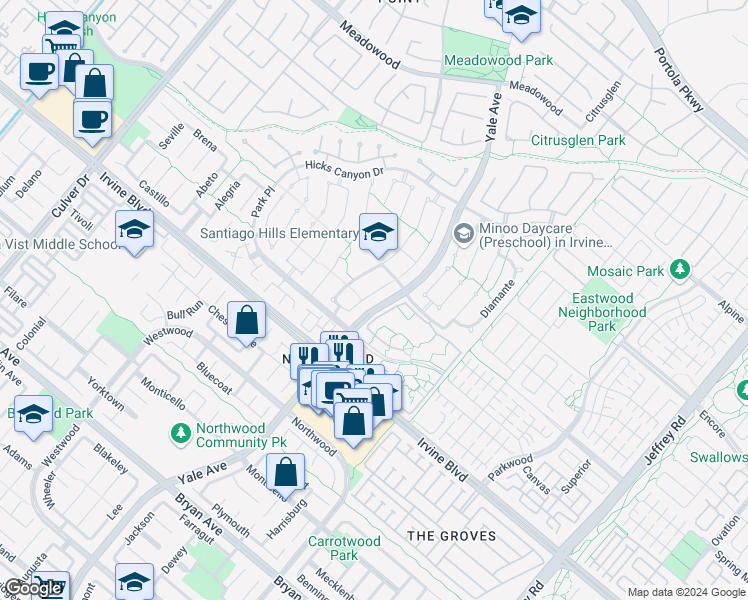 map of restaurants, bars, coffee shops, grocery stores, and more near 22 Christamon West in Irvine
