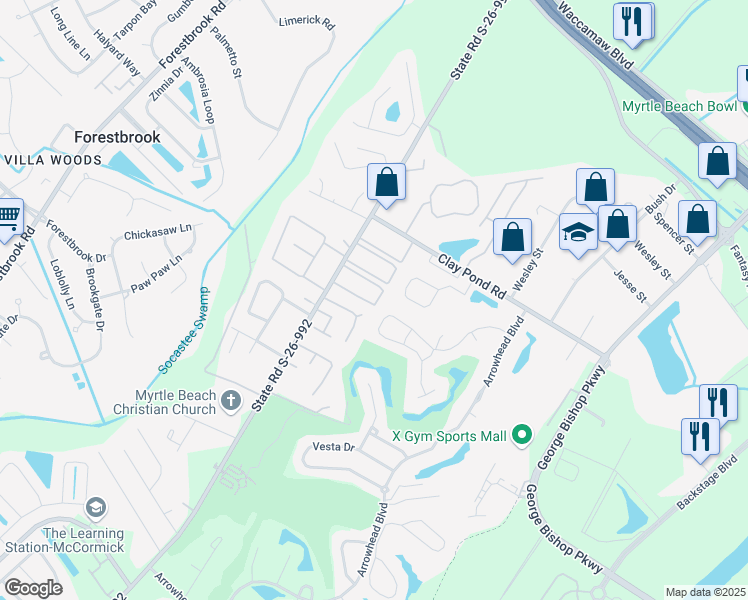 map of restaurants, bars, coffee shops, grocery stores, and more near 755 Burcale Road in Myrtle Beach