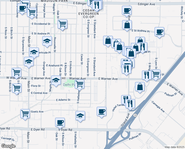 map of restaurants, bars, coffee shops, grocery stores, and more near 2234 South Standard Avenue in Santa Ana