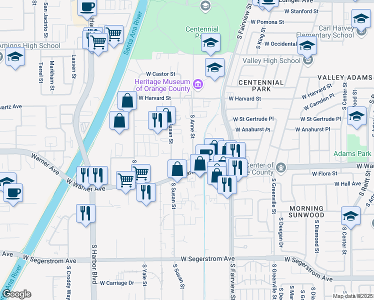 map of restaurants, bars, coffee shops, grocery stores, and more near 2230 South Anne Street in Santa Ana