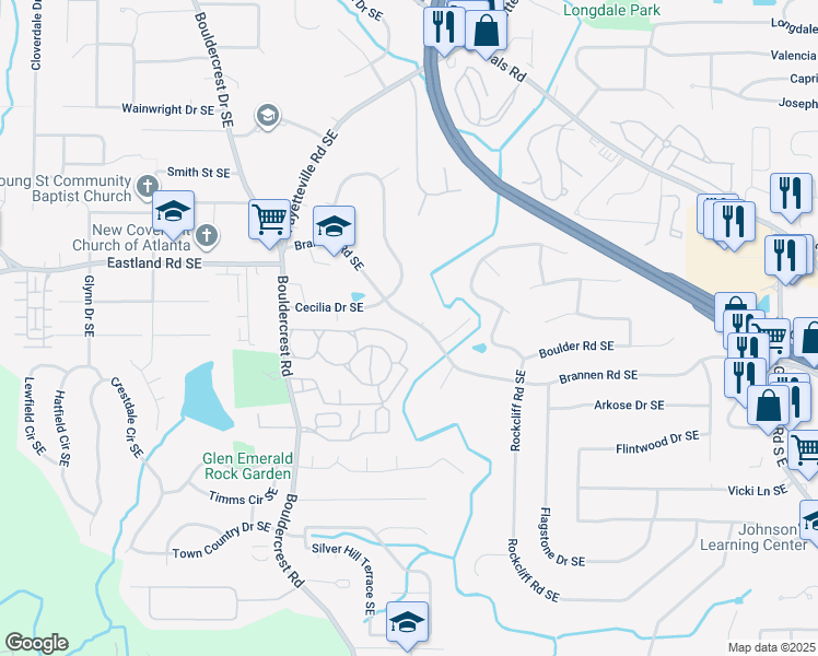 map of restaurants, bars, coffee shops, grocery stores, and more near 1951 Brannen Road Southeast in Atlanta