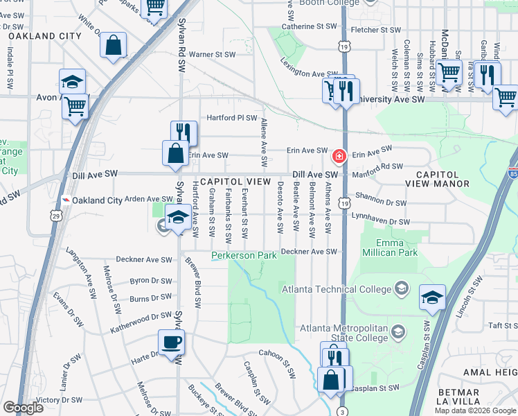map of restaurants, bars, coffee shops, grocery stores, and more near 1392 Allene Avenue Southwest in Atlanta