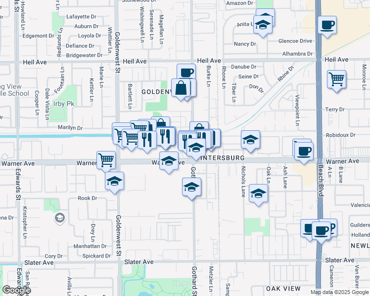 map of restaurants, bars, coffee shops, grocery stores, and more near 16942 Lilac Lane in Huntington Beach