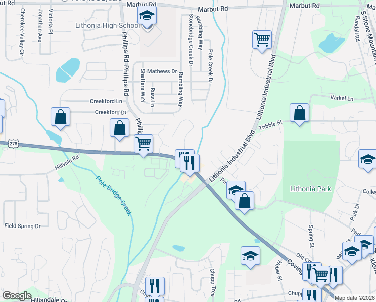 map of restaurants, bars, coffee shops, grocery stores, and more near 6550 Wellington Chase Court in Lithonia