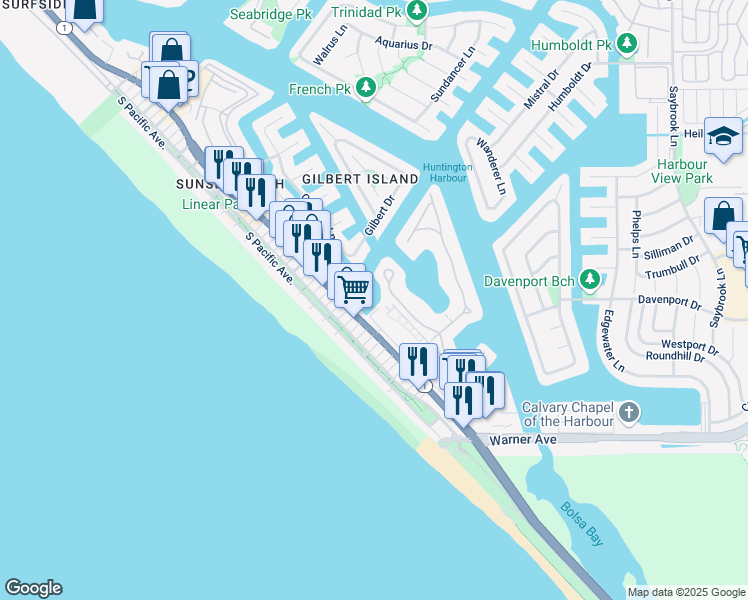 map of restaurants, bars, coffee shops, grocery stores, and more near 16923 Park Avenue in Huntington Beach