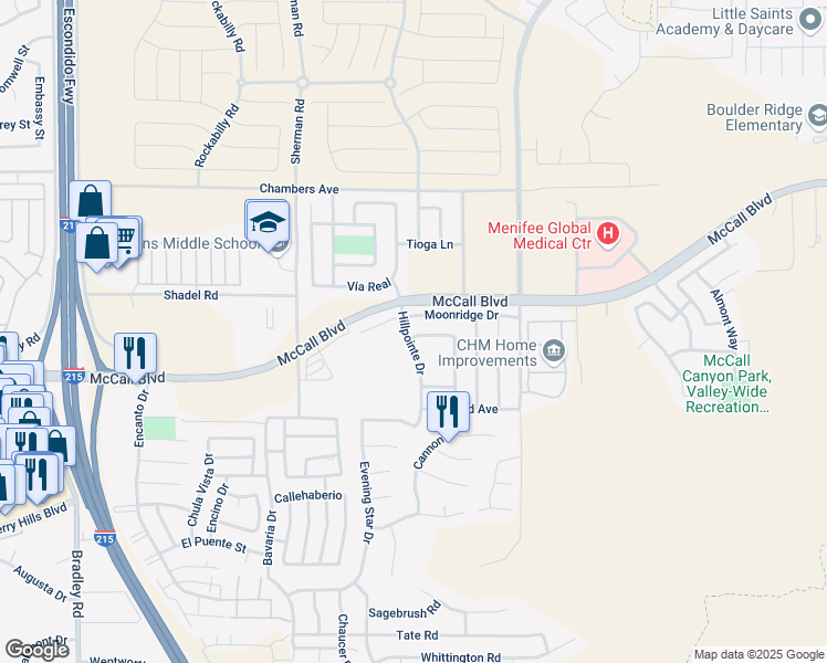 map of restaurants, bars, coffee shops, grocery stores, and more near 27773 Moonridge Drive in Menifee