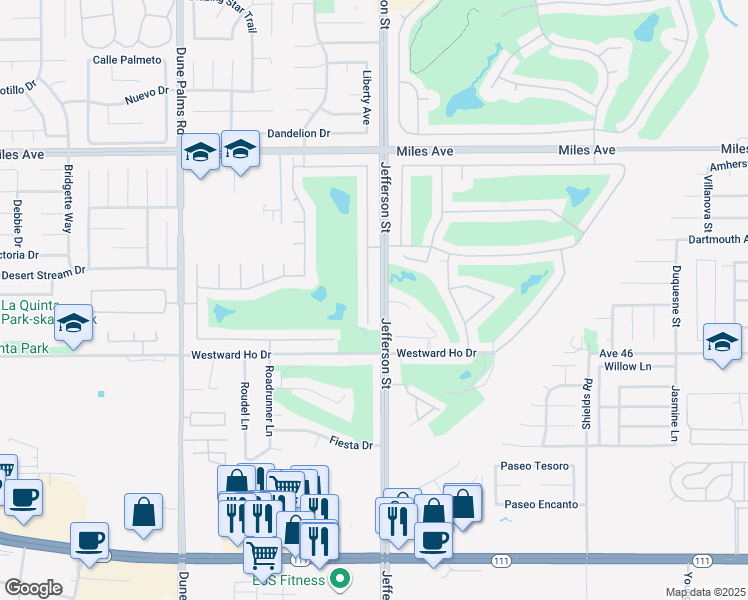 map of restaurants, bars, coffee shops, grocery stores, and more near 45673 Big Canyon Street in Indio