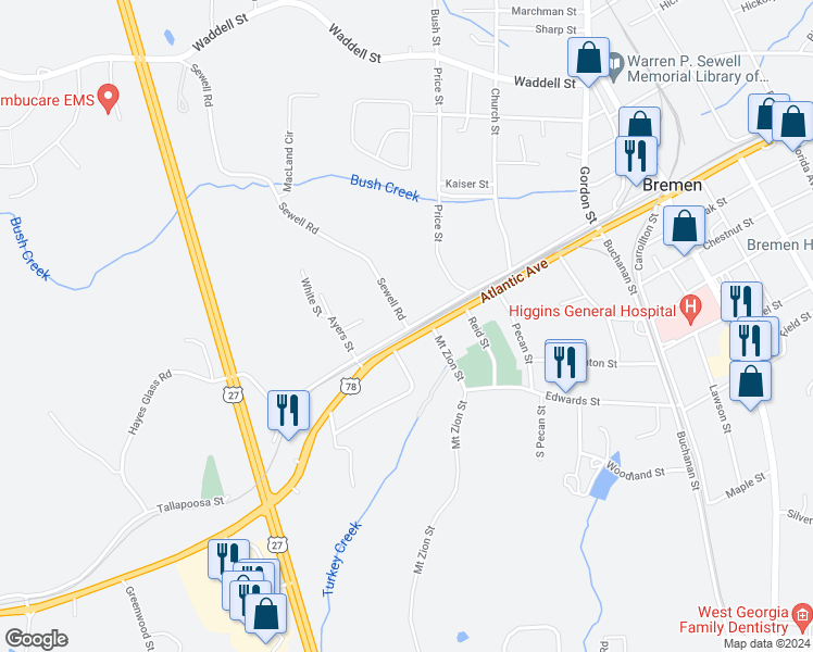 map of restaurants, bars, coffee shops, grocery stores, and more near 8 Sewell Road in Bremen