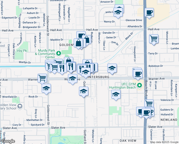 map of restaurants, bars, coffee shops, grocery stores, and more near 16892 Gothard Street in Huntington Beach