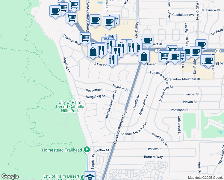 map of restaurants, bars, coffee shops, grocery stores, and more near 72810 Beavertail Street in Palm Desert