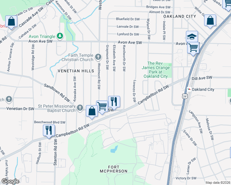 map of restaurants, bars, coffee shops, grocery stores, and more near 1378 Elizabeth Avenue Southwest in Atlanta