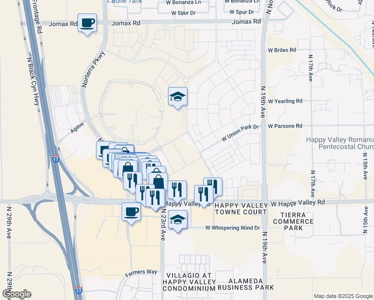 map of restaurants, bars, coffee shops, grocery stores, and more near 25537 North 21st Avenue in Phoenix