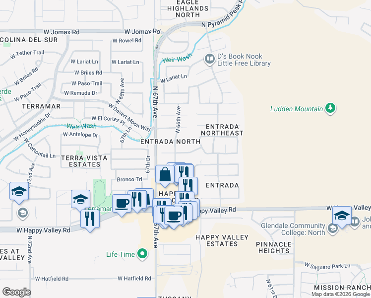 map of restaurants, bars, coffee shops, grocery stores, and more near 6507 West Range Mule Drive in Phoenix