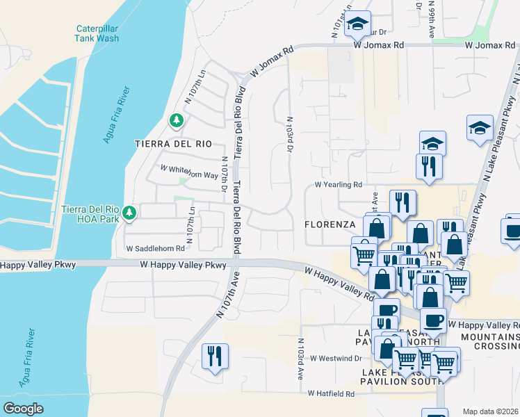 map of restaurants, bars, coffee shops, grocery stores, and more near 10622 West El Cortez Place in Peoria