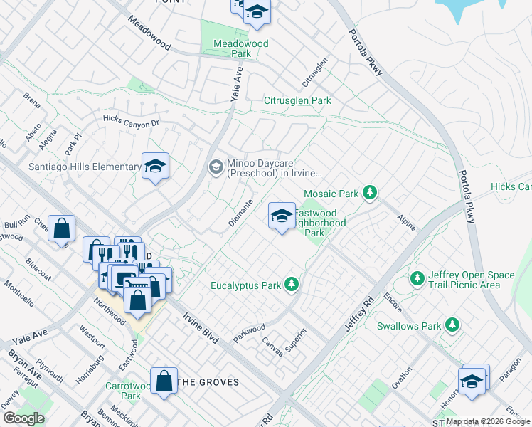 map of restaurants, bars, coffee shops, grocery stores, and more near 114 Outpost in Irvine