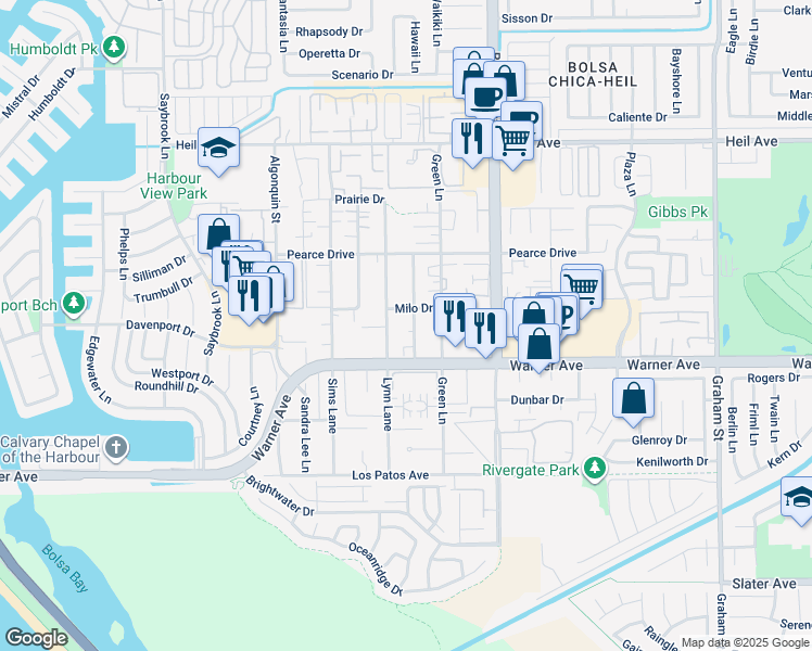 map of restaurants, bars, coffee shops, grocery stores, and more near 16862 Lynn Lane in Huntington Beach