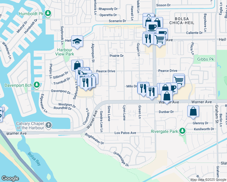 map of restaurants, bars, coffee shops, grocery stores, and more near 4682 Milo Drive in Huntington Beach
