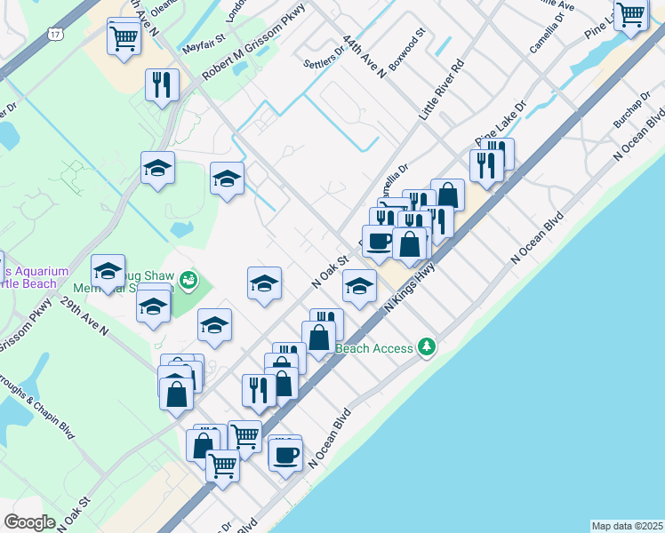 map of restaurants, bars, coffee shops, grocery stores, and more near 600 37th Avenue North in Myrtle Beach