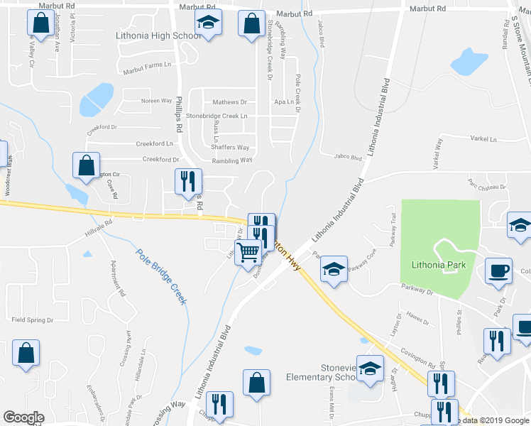 map of restaurants, bars, coffee shops, grocery stores, and more near 6550 Wellington Chase Court in Lithonia
