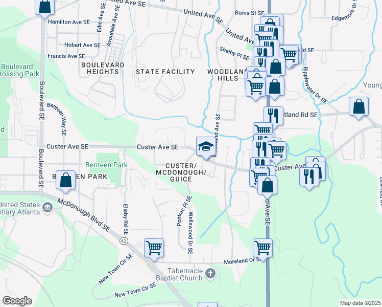 map of restaurants, bars, coffee shops, grocery stores, and more near 995 Custer Avenue Southeast in Atlanta