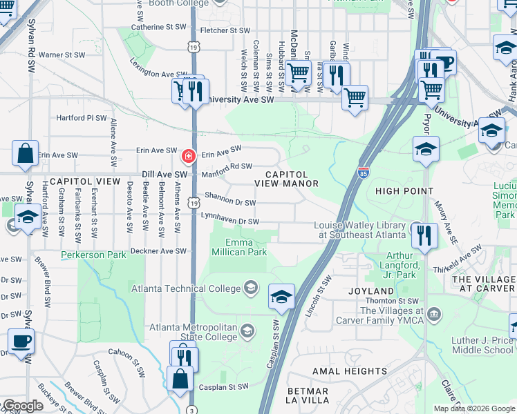 map of restaurants, bars, coffee shops, grocery stores, and more near 479 Shannon Drive Southwest in Atlanta
