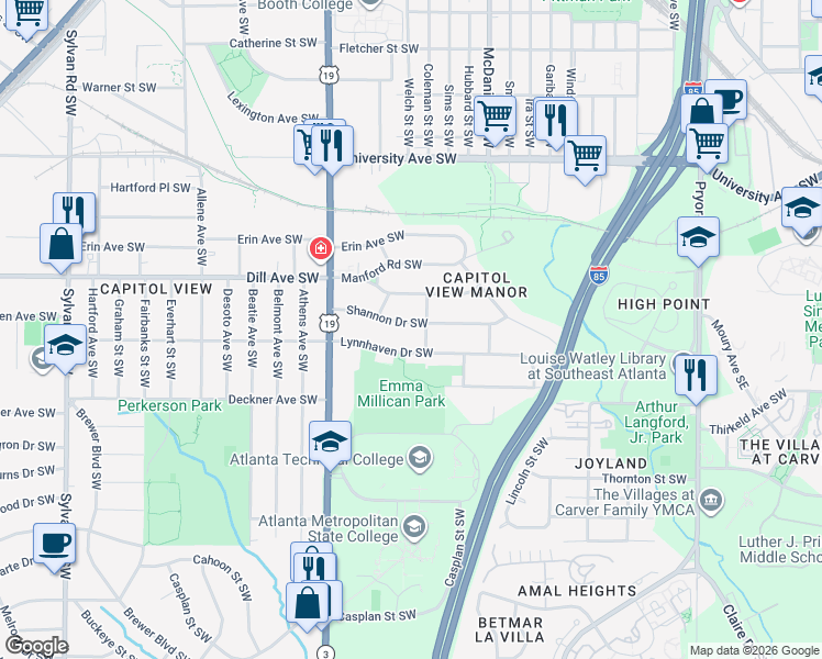 map of restaurants, bars, coffee shops, grocery stores, and more near 520 Shannon Drive Southwest in Atlanta