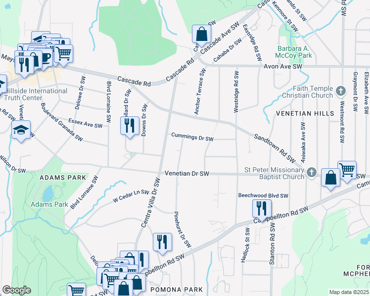 map of restaurants, bars, coffee shops, grocery stores, and more near 1410 Pinehurst Drive Southwest in Atlanta