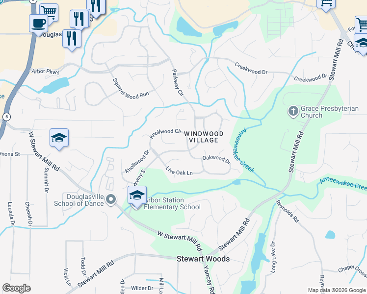 map of restaurants, bars, coffee shops, grocery stores, and more near 6689 Knollwood Circle in Douglasville