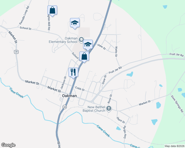 map of restaurants, bars, coffee shops, grocery stores, and more near Bason Street in Oakman