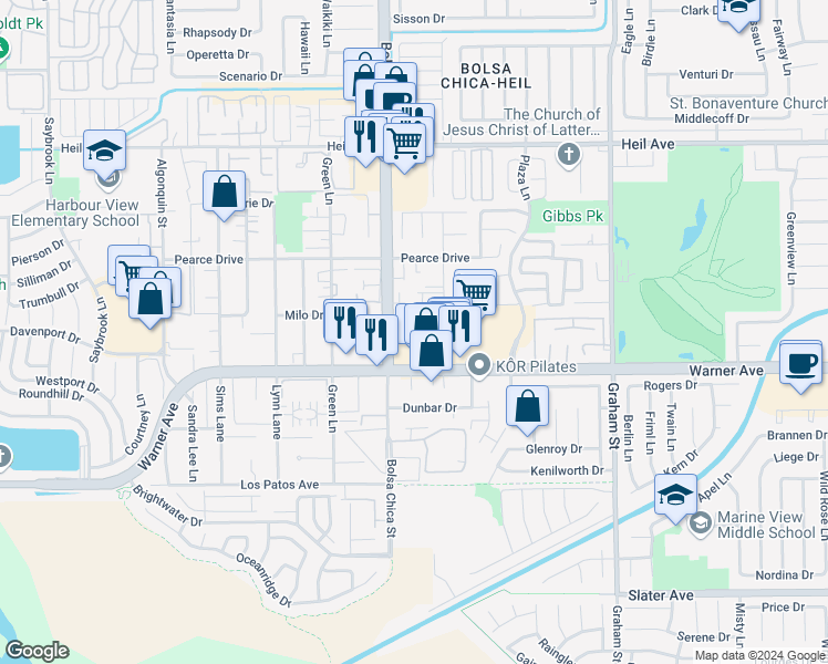 map of restaurants, bars, coffee shops, grocery stores, and more near 16872 Bolsa Chica Street in Huntington Beach