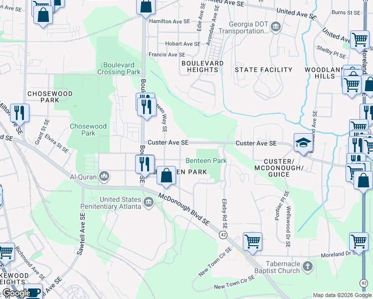 map of restaurants, bars, coffee shops, grocery stores, and more near 200 Cassanova Street Southeast in Atlanta