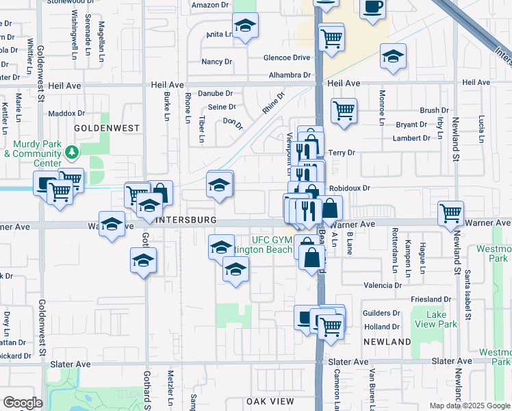 map of restaurants, bars, coffee shops, grocery stores, and more near 7701 Warner Avenue in Huntington Beach