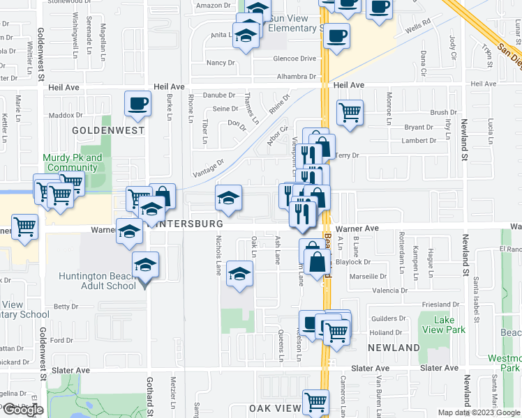 map of restaurants, bars, coffee shops, grocery stores, and more near 7701 Warner Avenue in Huntington Beach