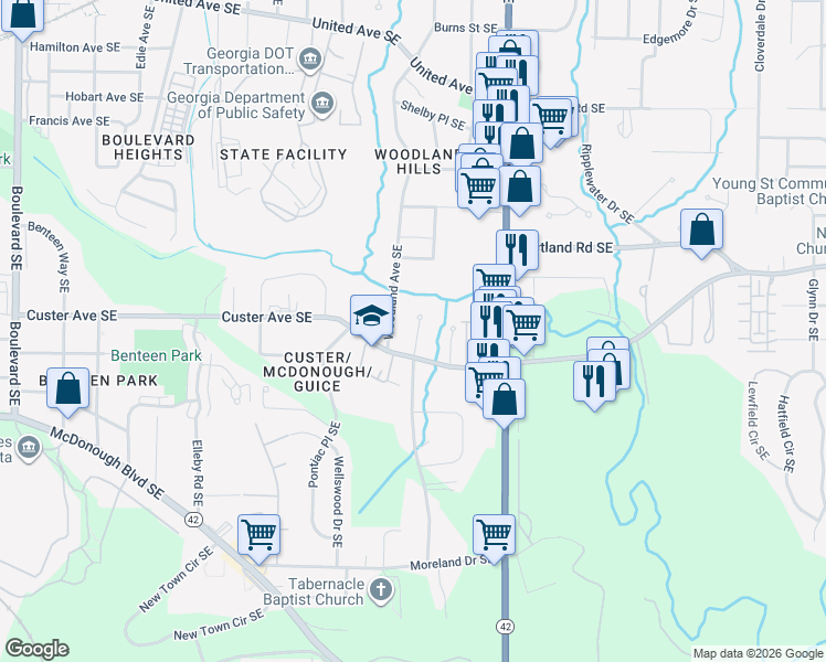map of restaurants, bars, coffee shops, grocery stores, and more near 1364 Custer Way in Atlanta