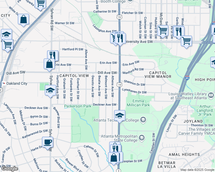 map of restaurants, bars, coffee shops, grocery stores, and more near 1402 Belmont Avenue Southwest in Atlanta
