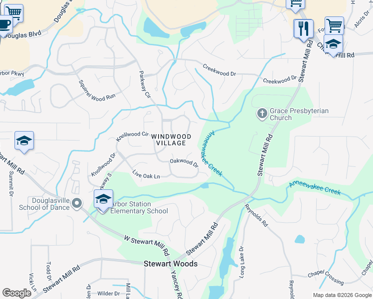 map of restaurants, bars, coffee shops, grocery stores, and more near 9886 Riverwood Court in Douglasville