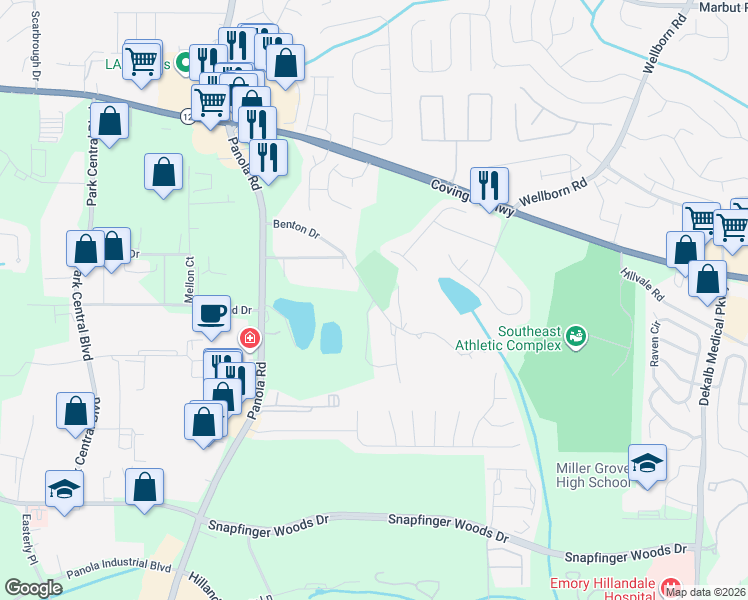 map of restaurants, bars, coffee shops, grocery stores, and more near Miller Grove Road in Stonecrest