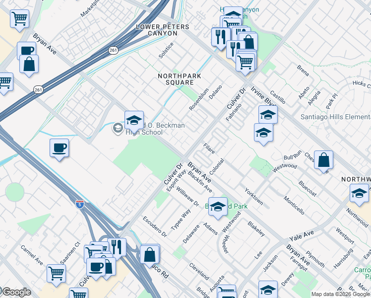 map of restaurants, bars, coffee shops, grocery stores, and more near 6 Bolinas in Irvine