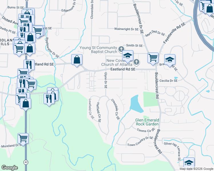 map of restaurants, bars, coffee shops, grocery stores, and more near 2469 Glynn Drive Southeast in Atlanta