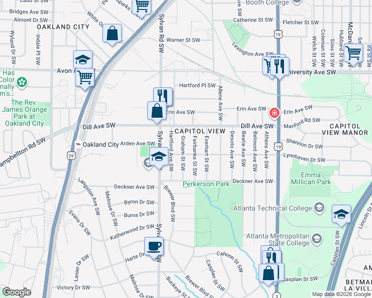 map of restaurants, bars, coffee shops, grocery stores, and more near 1385 Fairbanks Street Southwest in Atlanta