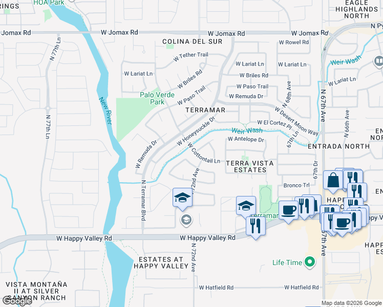 map of restaurants, bars, coffee shops, grocery stores, and more near 7232 West El Cortez Place in Peoria