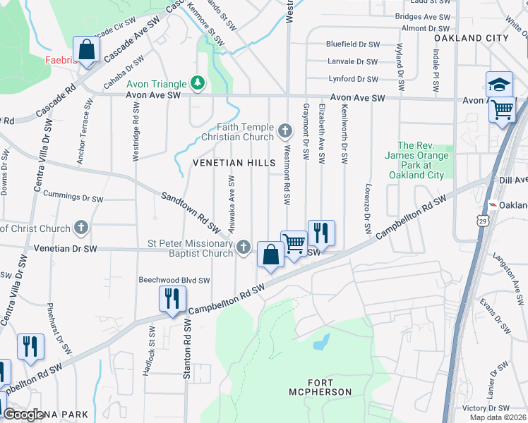 map of restaurants, bars, coffee shops, grocery stores, and more near 1417 Lockwood Drive Southwest in Atlanta