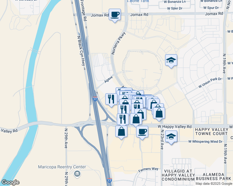 map of restaurants, bars, coffee shops, grocery stores, and more near 25500 North Norterra Parkway in Phoenix