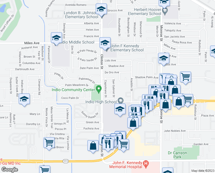 map of restaurants, bars, coffee shops, grocery stores, and more near 45680 Capistrano Street in Indio