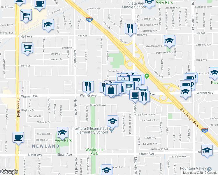 map of restaurants, bars, coffee shops, grocery stores, and more near 8761 Anthony Drive in Huntington Beach