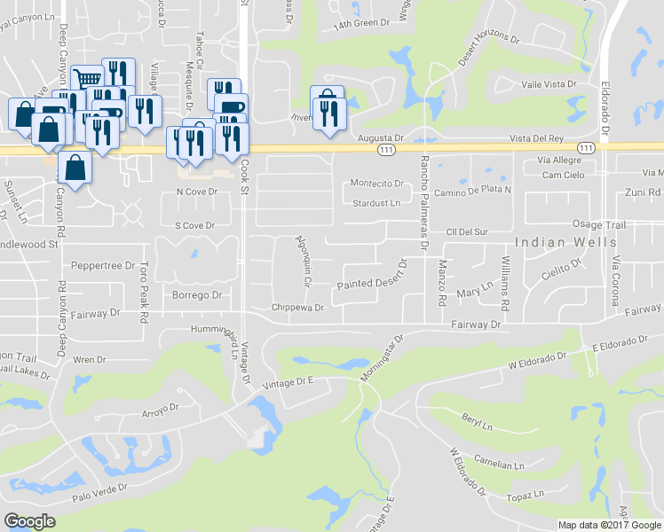 map of restaurants, bars, coffee shops, grocery stores, and more near 75229 Kiowa Drive in Indian Wells