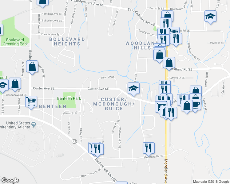 map of restaurants, bars, coffee shops, grocery stores, and more near 977 Custer Avenue Southeast in Atlanta