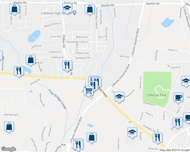 map of restaurants, bars, coffee shops, grocery stores, and more near 6558 Wellington Chase Court in Lithonia