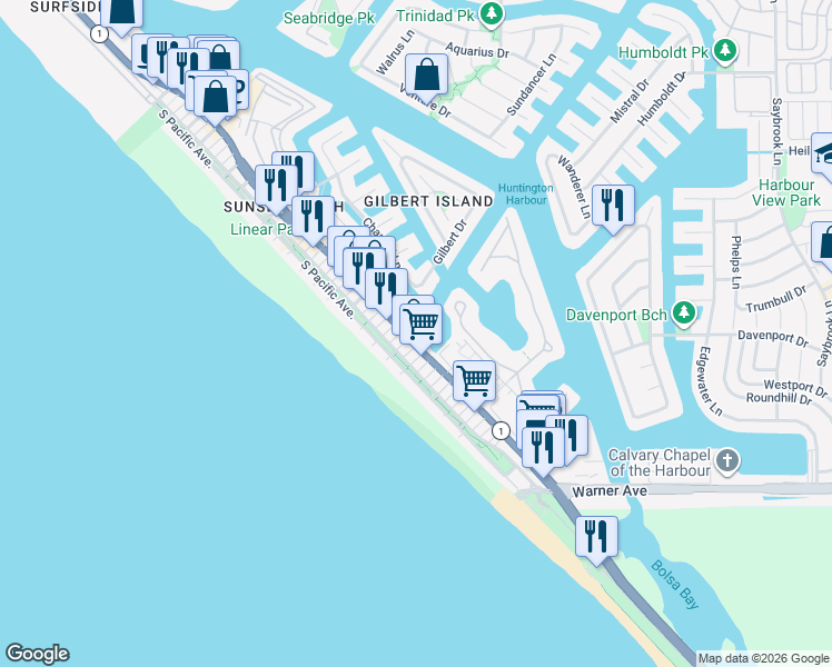 map of restaurants, bars, coffee shops, grocery stores, and more near 16910 Pacific Coast Highway in Huntington Beach