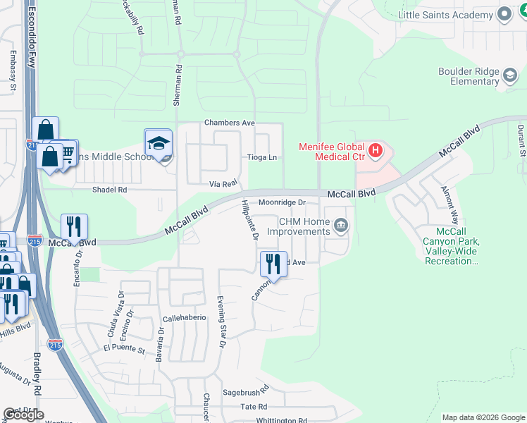 map of restaurants, bars, coffee shops, grocery stores, and more near 27782 Cloud Dance Court in Menifee